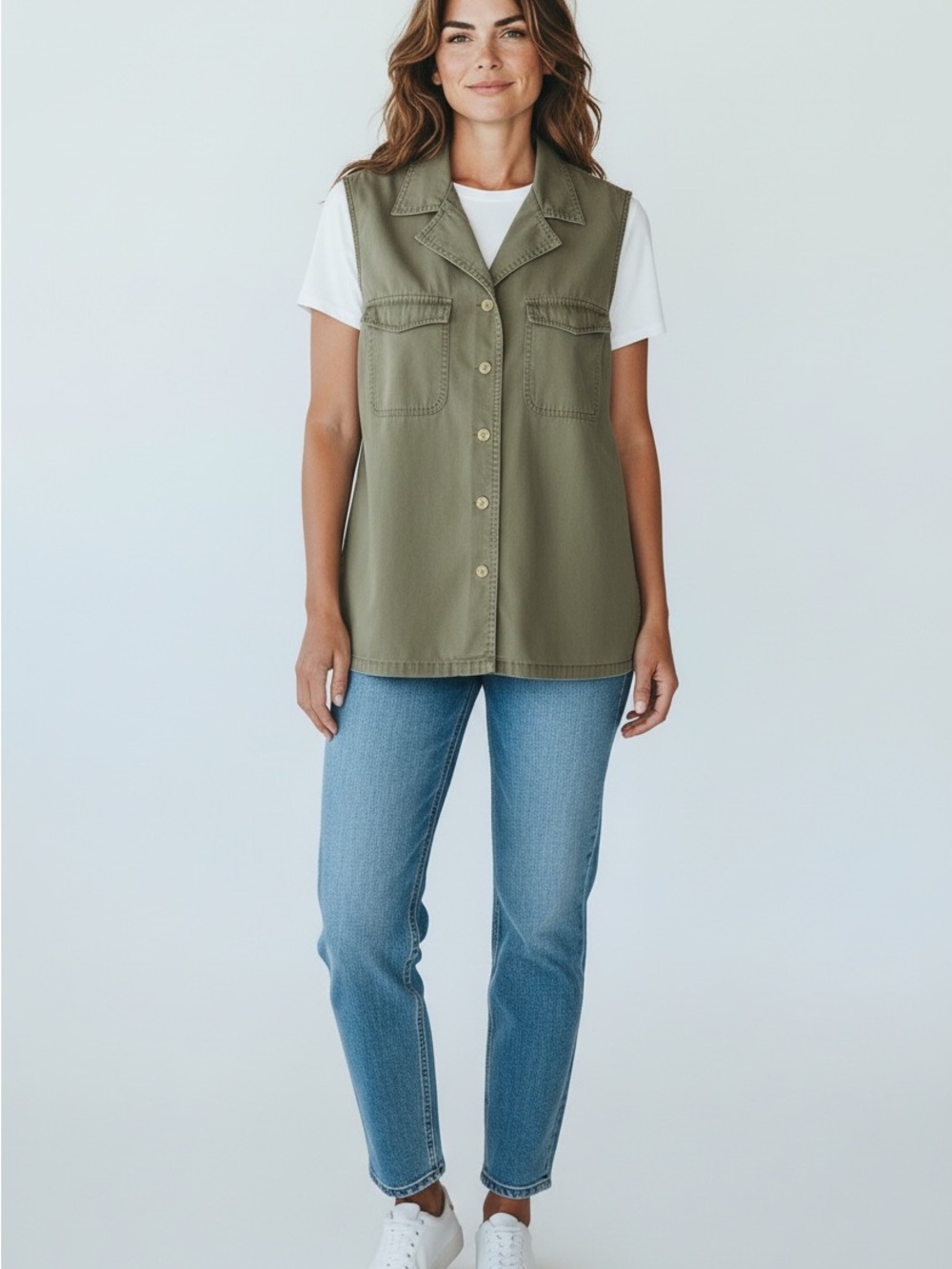 Eddie Bauer Women’s Large Olive Green Cotton Utility Vest Button Front Safari